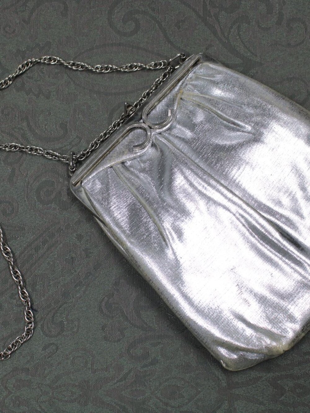 Vintage silver metallic purse with metal adjustable strap and coin purse